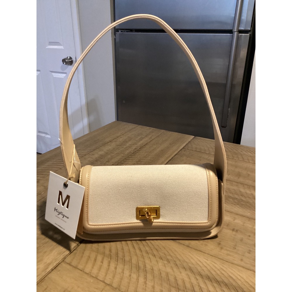 Miztique Beige Canvas Shoulder Bag Bamboo Twist Lock Gold Hardware NWT